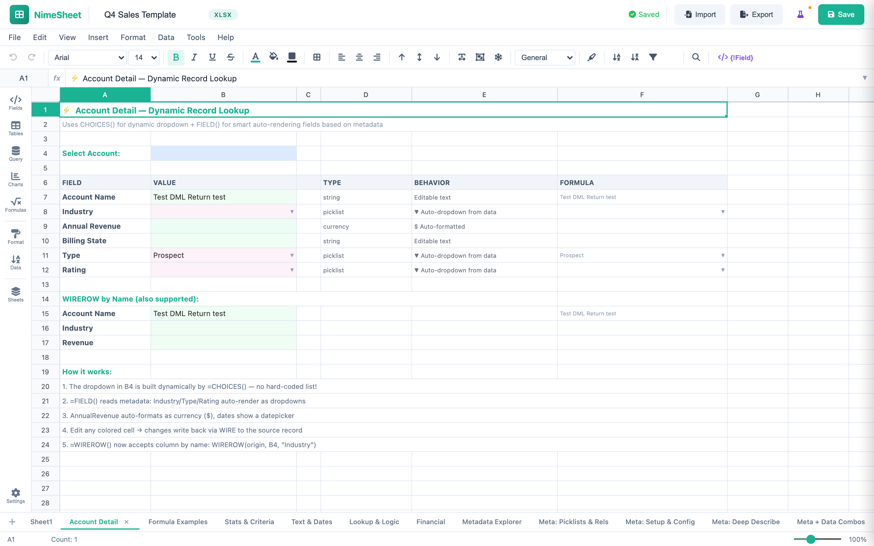 NimeSheet Account Detail tab with FIELD(), CHOICES(), and WIREROW() functions